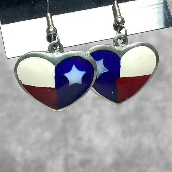 Heart Shaped Star Earrings With Texas Flag Design & Silver Tone Hooks - Picture 2 of 10